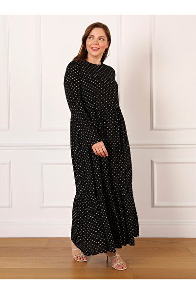 ALİA Plus Size Natural Fabric Polka Dot Patterned Hijab Dress - Black - Beige - Alia