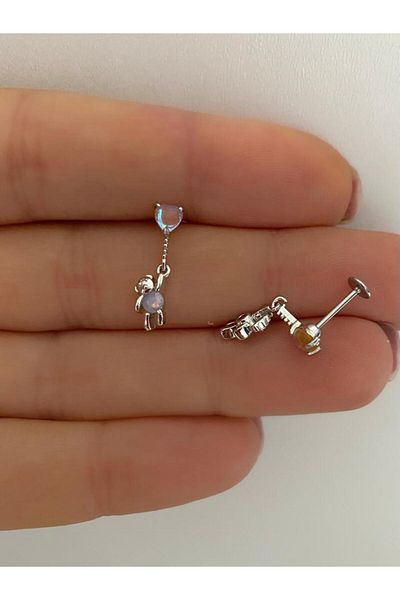 Arescollection دمية دب متأرجحة، ظهر مسطح، أقراط ثقب حلزونية مثبتة على الجزء الأمامي من غضروف الزنمة المتوافقة مع فص