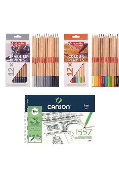 Talens Sketch Starter Set - Canson 25x35 Notebook - 12-Piece Graduated Pen Set and 12-Piece Dry Paint Set