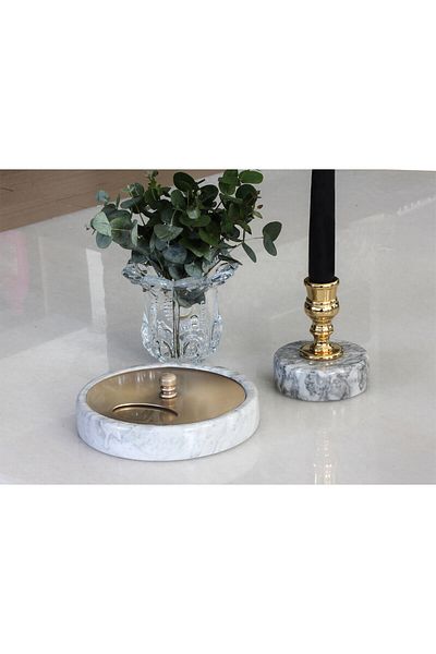 MOENAStudio Moena Studio Gray Color Elegant Gold Plated Marble Ash Tray Small Size