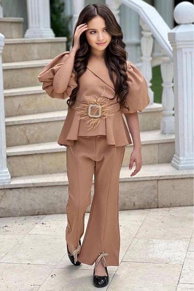 Riccotarz Girl's double breasted collar beige bottom top set with zipper and belt detail