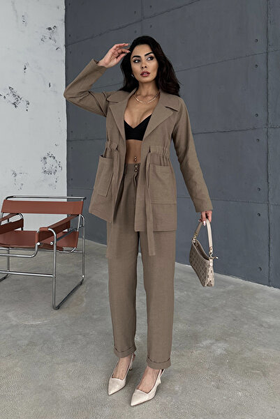 Ortaya Çık Brown Linen Suit with Tie Waist