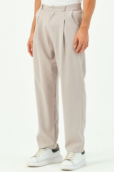 RELAXL Loose Cut Elastic Waist Long Wide Leg Baggy Pleated Gray Fabric Trousers