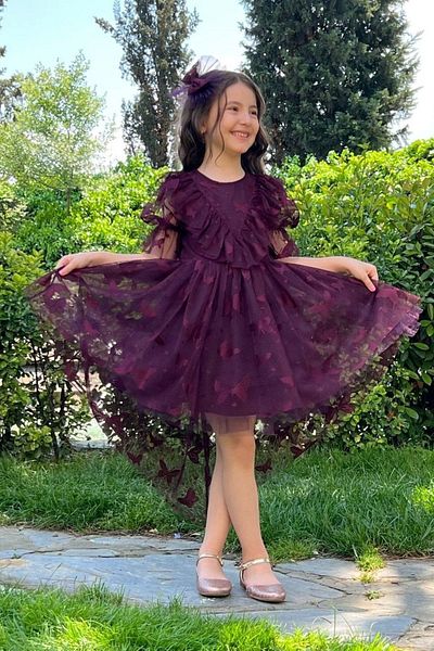 ABİYEKİDS Plum Butterfly Patterned Children's Evening Dress - With Tail, Aby4523
