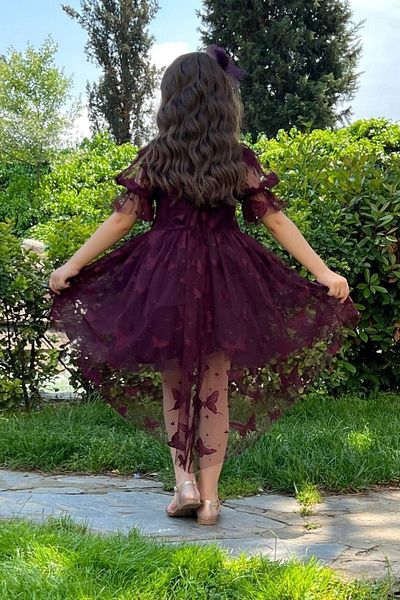 ABİYEKİDS Plum Butterfly Patterned Children's Evening Dress - With Tail, Aby4523