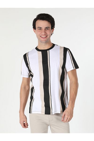 Colin's Tricou cu mânecă scurtă pentru bărbați, cu dungi albe, cu decolteu, cu croiala normală Cl 1057499