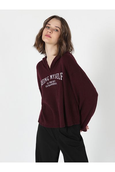 Colin's Tricou cu mânecă lungă pentru femei, roșu Claret imprimat - cu glugă, croiala normală Cl1061002