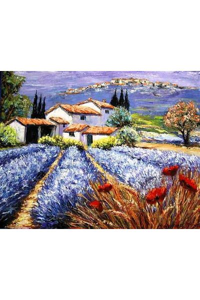 MARCEL SANAT White Village House Diamond Mosaic Painting in Blue Flower Field 76x51cm