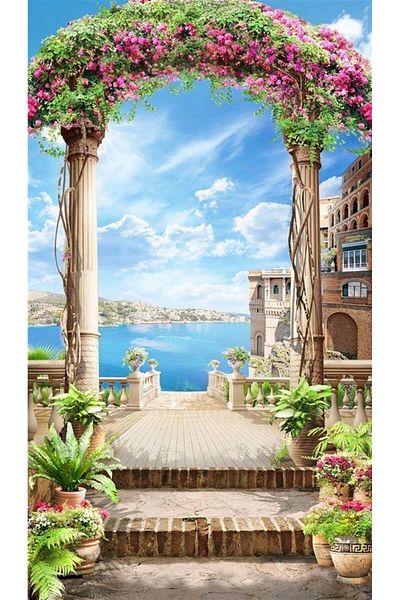 MARCEL SANAT Floral Marble Column And Sea Scenery Diamond Mosaic Painting 46x81cm