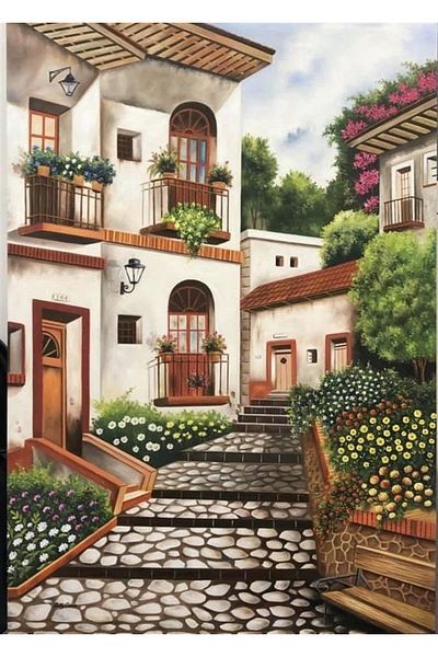 Marcel Kristal Tablo Peaceful Houses Street Marcel Art Diamond Mosaic Painting 36x51cm