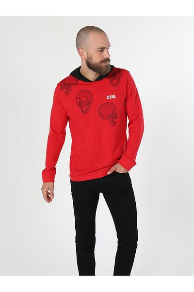 Colin's Regular Fit Crew Neck Hood Printed Red Men's Long Sleeve T-Shirt Cl 1060476