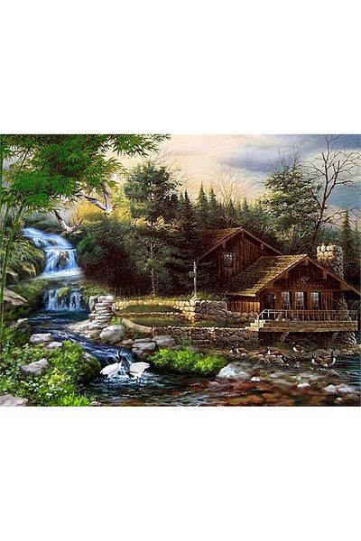 MARCEL SANAT Wooden House Diamond Mosaic Painting in Creek Neck 66x51cm