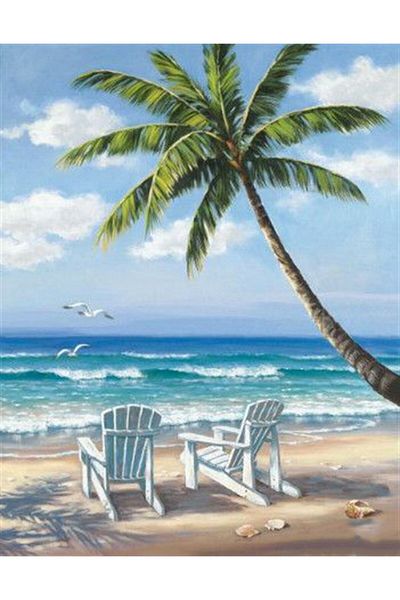MARCEL SANAT Tropical Island And White Wooden Chaise Lounges Diamond Mosaic Painting 45x60cm