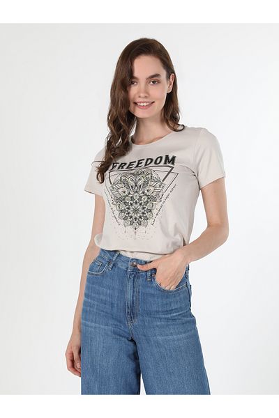 Colin's Tricou cu mânecă scurtă pentru femei, cu decolteu rotund, cu imprimeu, bej Cl 1060505
