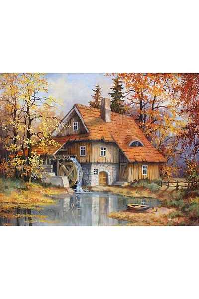 MARCEL SANAT Wooden House and Water Mill Diamond Mosaic Painting in Autumn 70x50cm