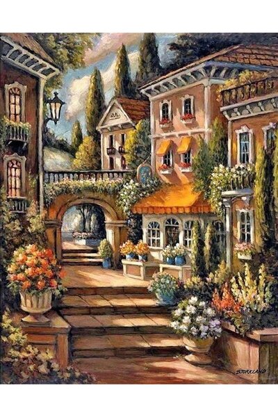 Marcel Kristal Tablo Çiçekli Evler Marcel Sanat Elmas Mozaik Tablo 56x69cm