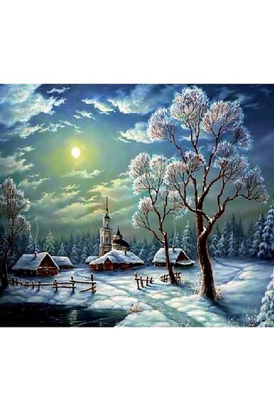 Marcel Kristal Tablo Snowy Village Marcel Art Diamond Mosaic Painting 58x53cm
