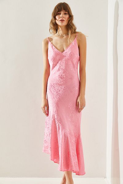 Bianco Lucci Rochie midi asimetrică din jacquard din satin - bretele din frânghie, tiv 60251227