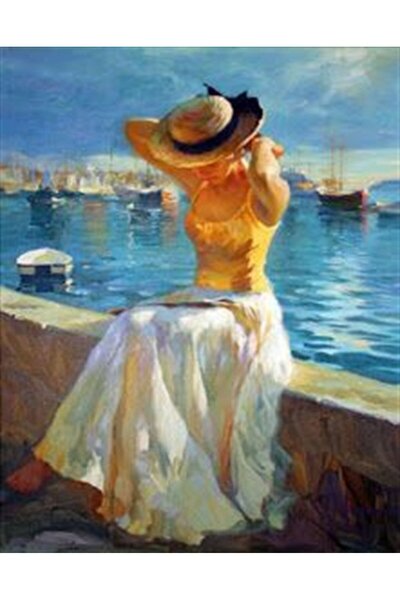 Marcel Kristal Tablo Deniz Kenarında Oturan Kadın Marcel Sanat Elmas Mozaik Tablo 41x51cm