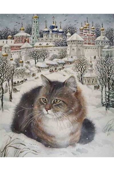 MARCEL SANAT Cat in the Snow Diamond Mosaic Painting 56x69cm
