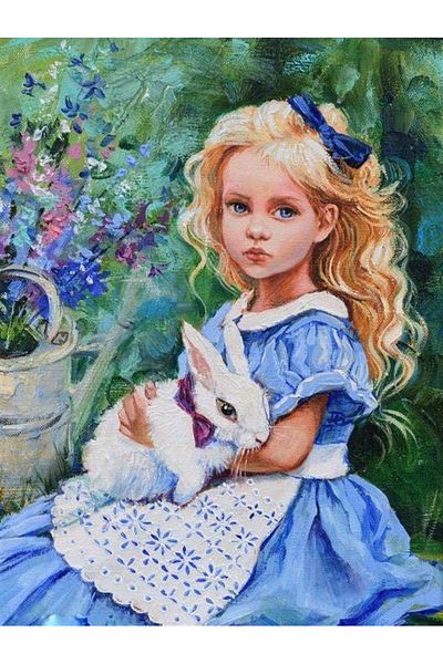MARCEL SANAT Marcel Art - Rabbit and Girl in Blue Dress Mosaic Painting 56x74cm