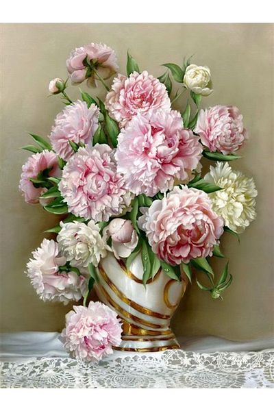 MARCEL SANAT Pink Flowers in Gilded Vase Diamond Mosaic Painting 45x60cm