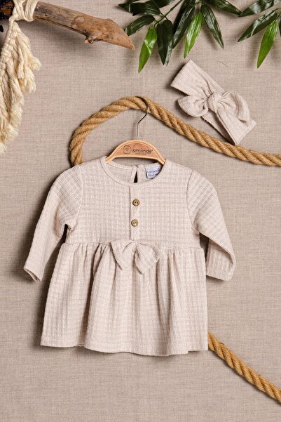 Lamonde Girl's Dress with Bow Detail and Headband 100% Cotton 6-9-12-18 Months