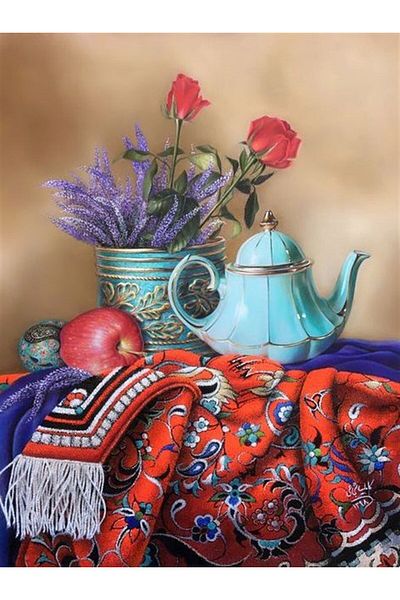 Marcel Kristal Tablo Purple Flowers And Blue Teapot Marcel Art Diamond Mosaic Painting 46x61cm