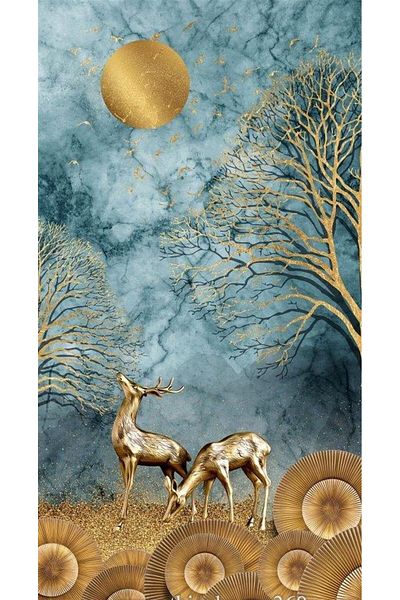Marcel Kristal Tablo Golden Deers Marcel Art Diamond Mosaic Painting 46x86cm