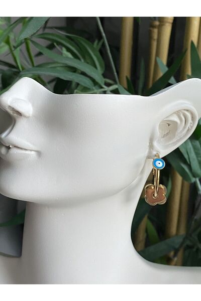 Lucios yonca ve nazar boncuğu detayalı halka 316L paslanmaz çelik küpe