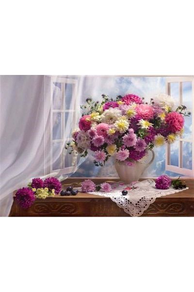 Marcel Kristal Tablo Spring Flowers in Front of the Window Marcel Art Diamond Mosaic Painting 79x58cm