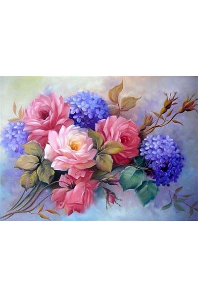 MARCEL SANAT Pink Rose And Blue Hydrangea Potporisi Diamond Mosaic Painting 75x55cm