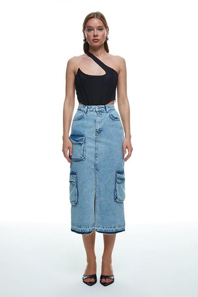 Quzu Cargo Pocket Detailed Slit Midi Denim Skirt Blue