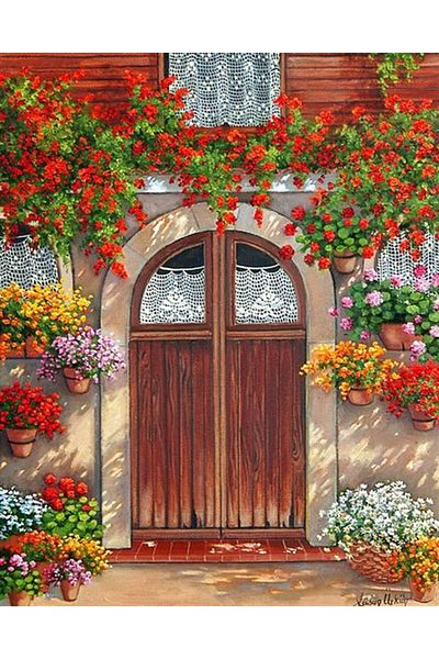 Marcel Kristal Tablo Flowers at the Mansion Door Marcel Art Diamond Mosaic Painting 58x74cm