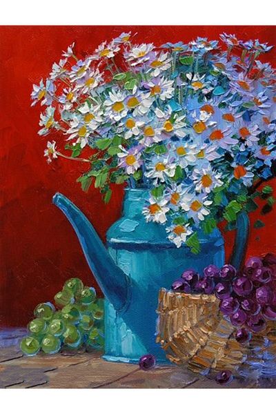 MARCEL SANAT White Daisies Painting in Blue Jug Diamond Mosaic Painting 51x66cm