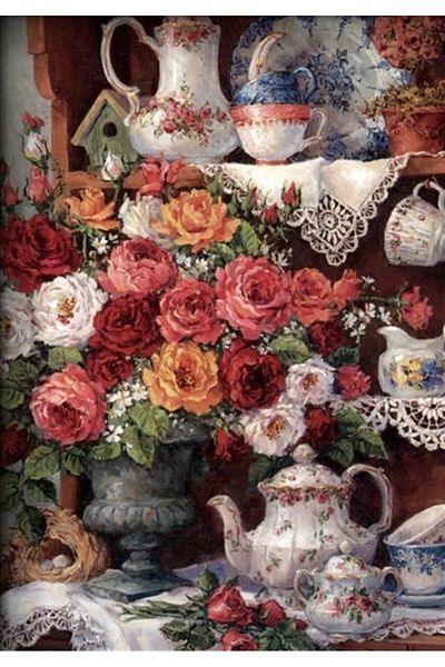 MARCEL SANAT Porcelain Tea Set And Flowers Marcel Art Diamond Mosaic Painting 48x69cm