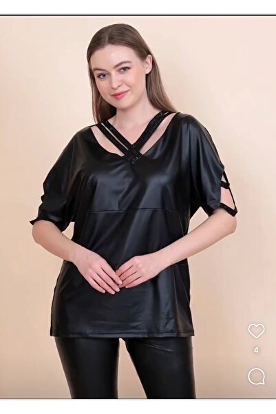 MODA VE DERYA Kolları ve Boynu Taşlı Önü Deri Bluz