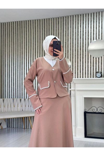moda periy Stripe Detailed Jacket and Skirt Set for Women - Hijab Combination
