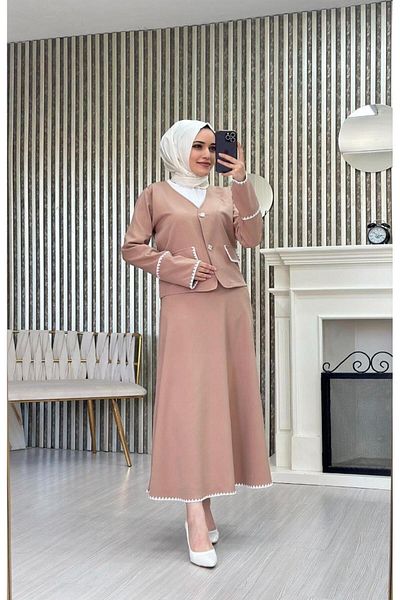 moda periy Stripe Detailed Jacket and Skirt Set for Women - Hijab Combination