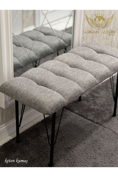 BY HAKAN AŞKIN Metal 4 Ayaklı 90 Cm Eco Keten Gri Puf & Bench Tekli 2024