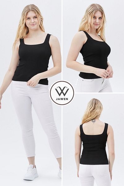 JAWEN Women's New Season Full Flexible Comfort Model Square Collar Knitted Knitwear Ribbed Look Thick Strap Tank Top