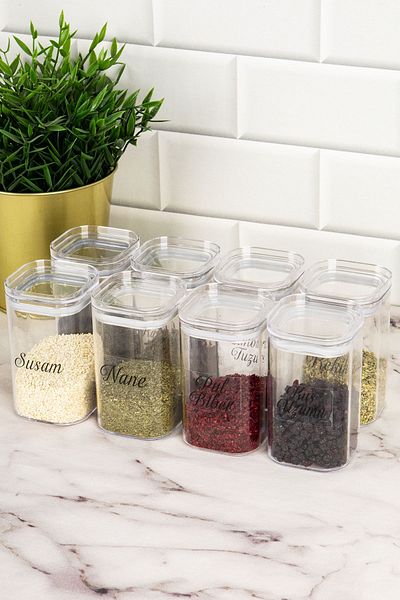 DNS HOME 8-Piece 250 ml Acrylic Spice Jar Set with Vacuum Lid Storage Container Transparent Labeled Jar Spice Jar