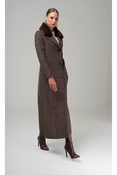 Olcay Furry Herringbone Patterned Coat with Detachable Collar BROWN 3789-Y