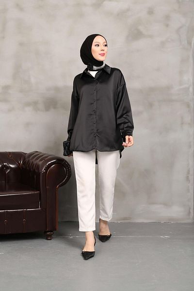 Nergis Neva Butik Satin Balloon Sleeve Tunic