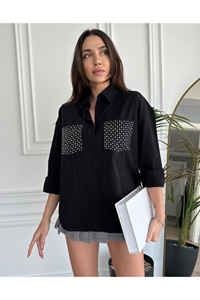 Selital Kadın Oversize Gömlek Zımbalı Çift Cepli Uzun kollu