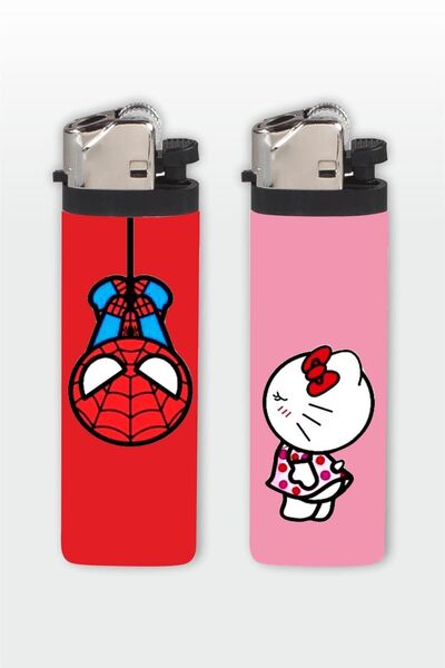 SARANG Çakmak Örümcek Adam Spide Ve Hello Kitty Love Full Baskılı Gazlı Çakmak 2 Adet