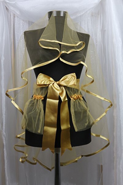 extrasepetim Gold Biyeli Gelin Duvak Kuşak Eldiven Tam Set Sade Şık Kına Gece...