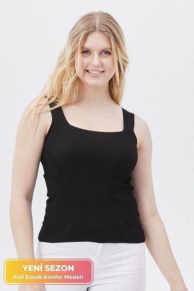 JAWEN Women's New Season Full Flexible Comfort Model Square Collar Knitted Knitwear Ribbed Look Thick Strap Tank Top
