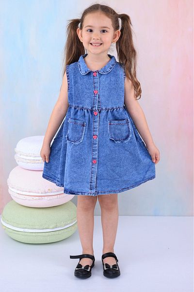 BUUFUU Rochie pentru fete din denim cu nasturi în față, cu buzunare cu mâneci zero (CUMPĂRĂ O MĂRIME MAI MARE)