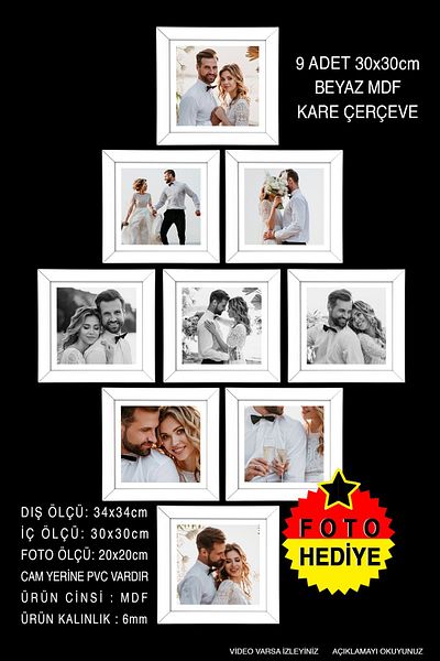 yhfoto 9 Pieces 30x30 Frame - White Frame - MDF Square Frame - Photo Frame Set